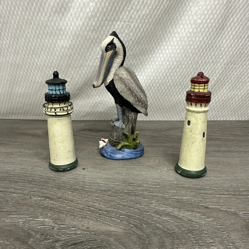 Lighthouse Pelican Salt Pepper Shaker Set 3pc Tan Blue Good Nautical Ocean Decor